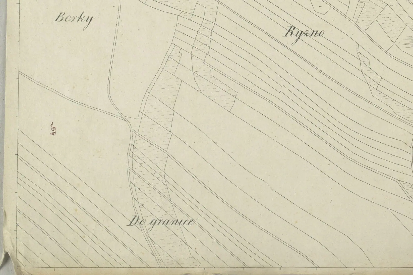 Výrez historickej katastrálnej mapy z roku 1852 pri hranici katastrálneho územia